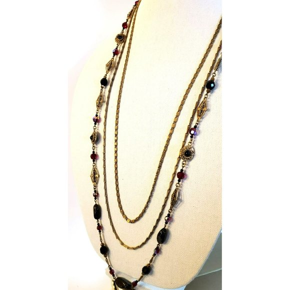 Vintage Miriam Haskell Possible Garnet Triple Layer Gold Tone Necklace, Signed - Picture 2 of 16